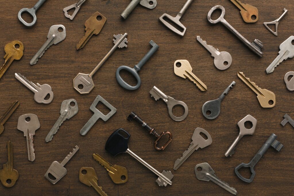 Many different keys on wood